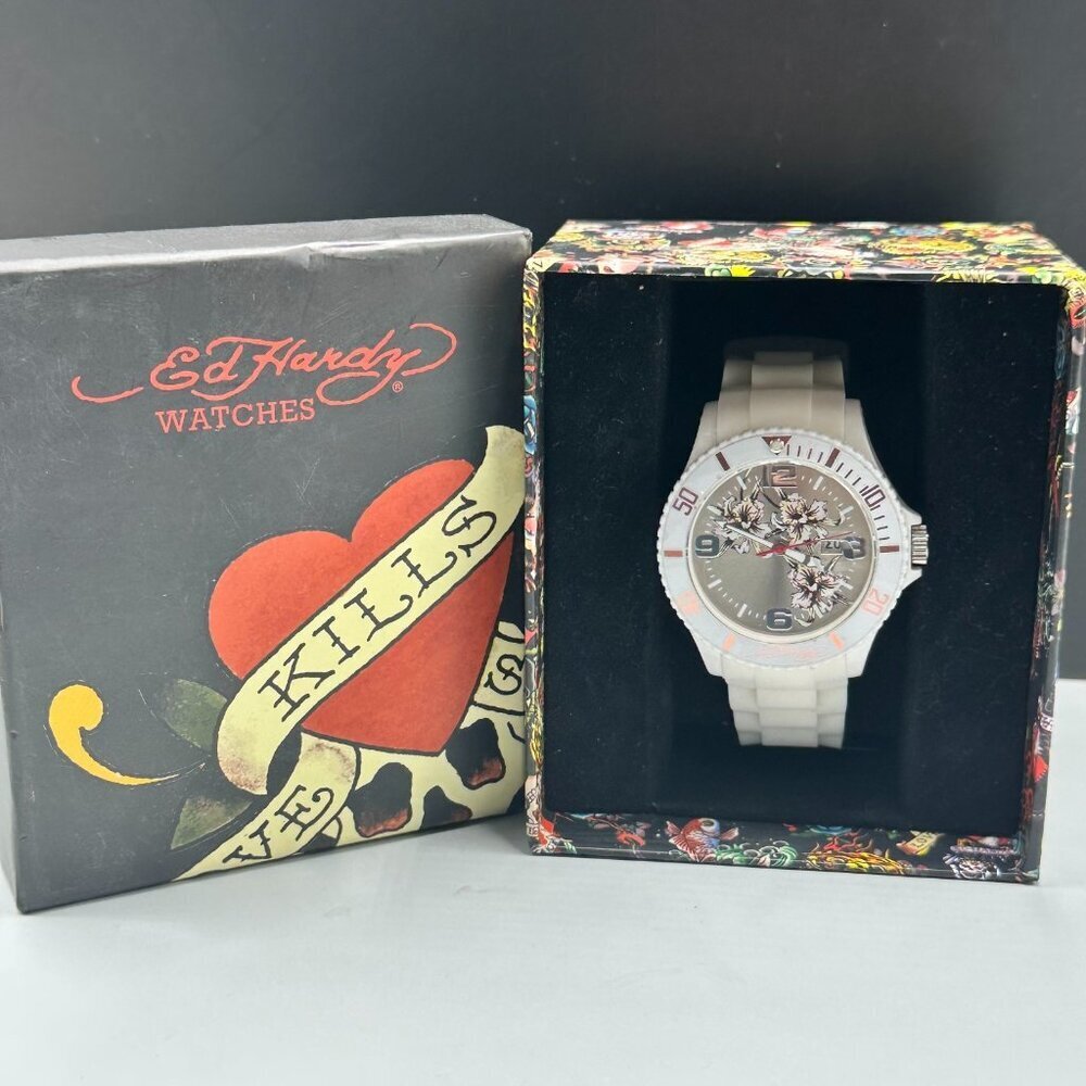 Ed Hardy Watch Women White Silver Floral Dial Silicone Band New Battery